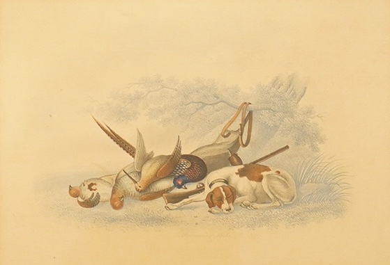 B. Jenning, pencil and watercolour, Study of a hound and dead game, signed and dated 1835, 16 x 21cm. Condition - fair